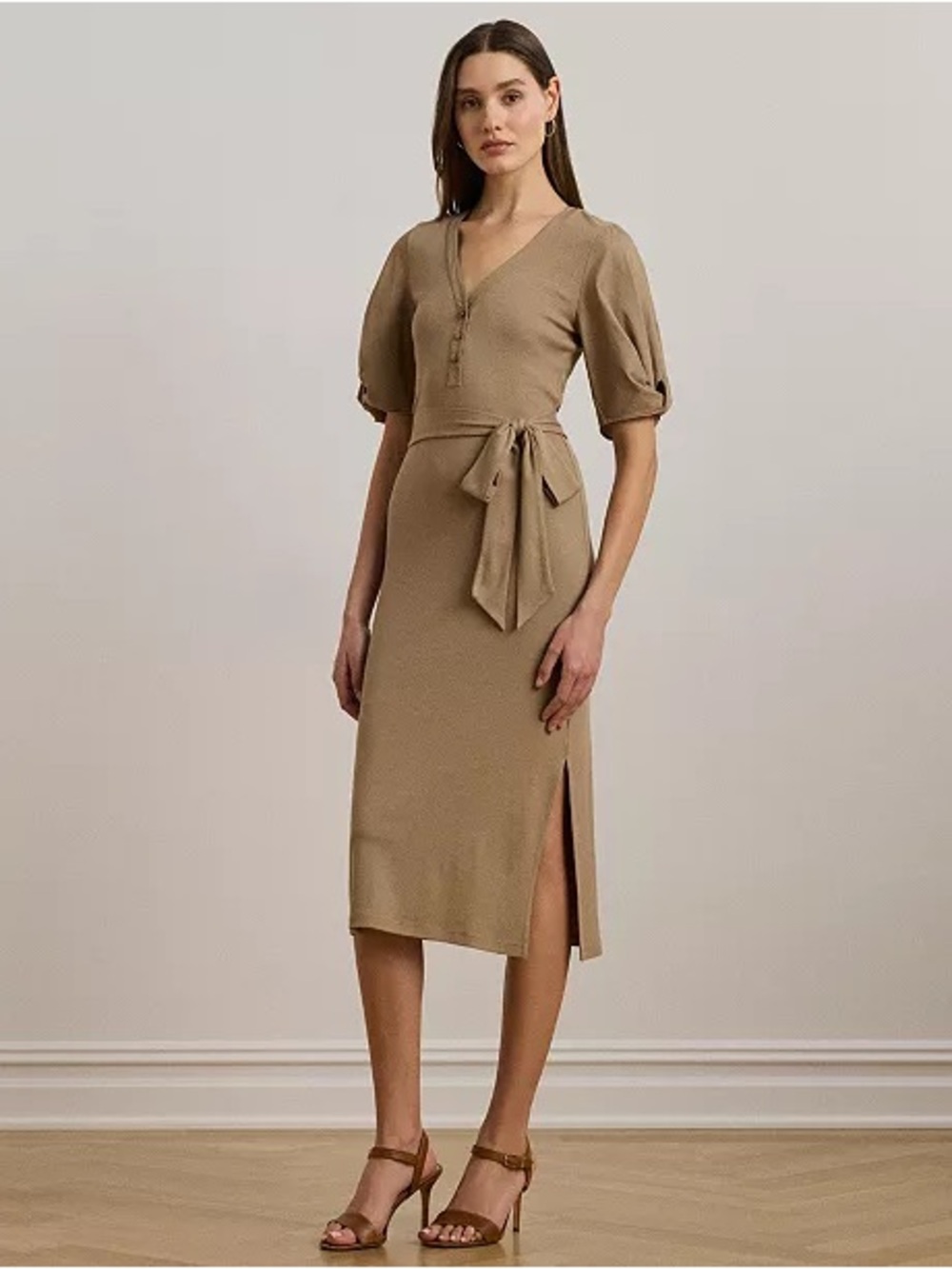 Ralph Lauren Women's Belted Rib-Knit Puff-Sleeve Dress